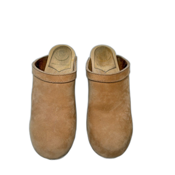 WEAR IN GOOD HEALTH Tan Suede Wood Clogs Womens Size EU 40/US 8-8.5 - Picture 2 of 8